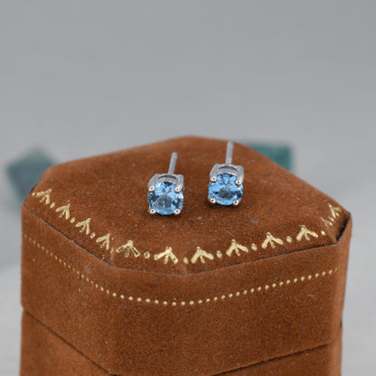 Sterling Silver Natural Topaz Stud Earrings, 4mm Prong Set, Genuine Blue Topaz Gemstone Stud, Minimalist Style,