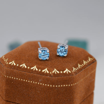 Sterling Silver Natural Topaz Stud Earrings, 4mm Prong Set, Genuine Blue Topaz Gemstone Stud, Minimalist Style,