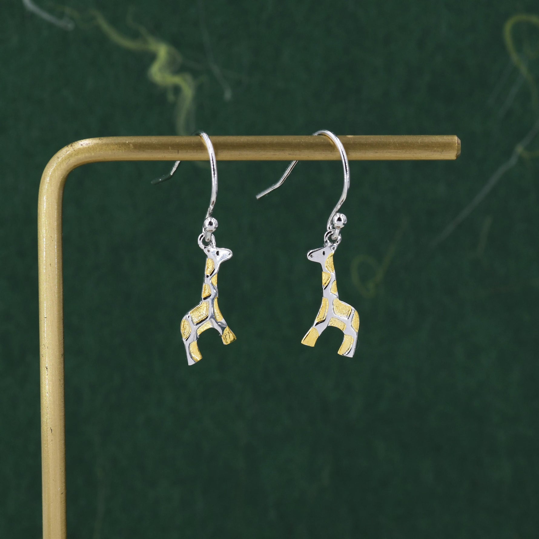 Giraffe Drop Hook Earrings in Sterling Silver, Two Tone Finish, Giraffe Dangle Earrings, Giraffe Drop Earrings