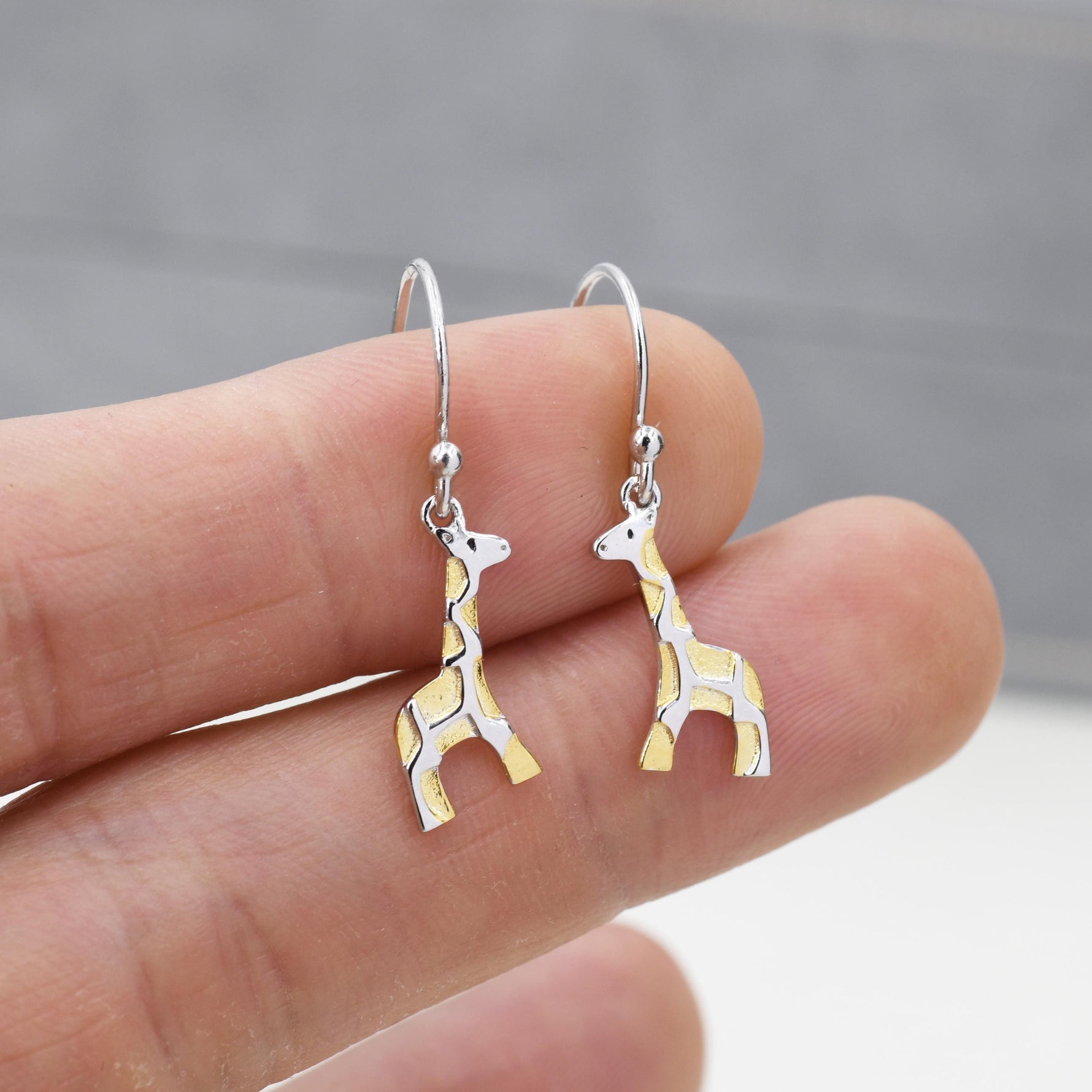 Giraffe Drop Hook Earrings in Sterling Silver, Two Tone Finish, Giraffe Dangle Earrings, Giraffe Drop Earrings