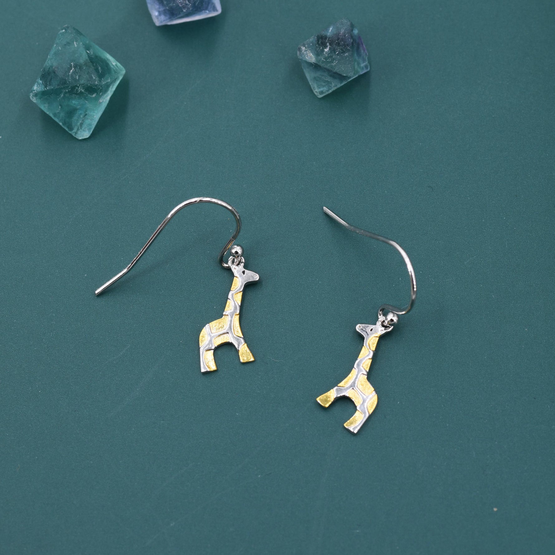 Giraffe Drop Hook Earrings in Sterling Silver, Two Tone Finish, Giraffe Dangle Earrings, Giraffe Drop Earrings