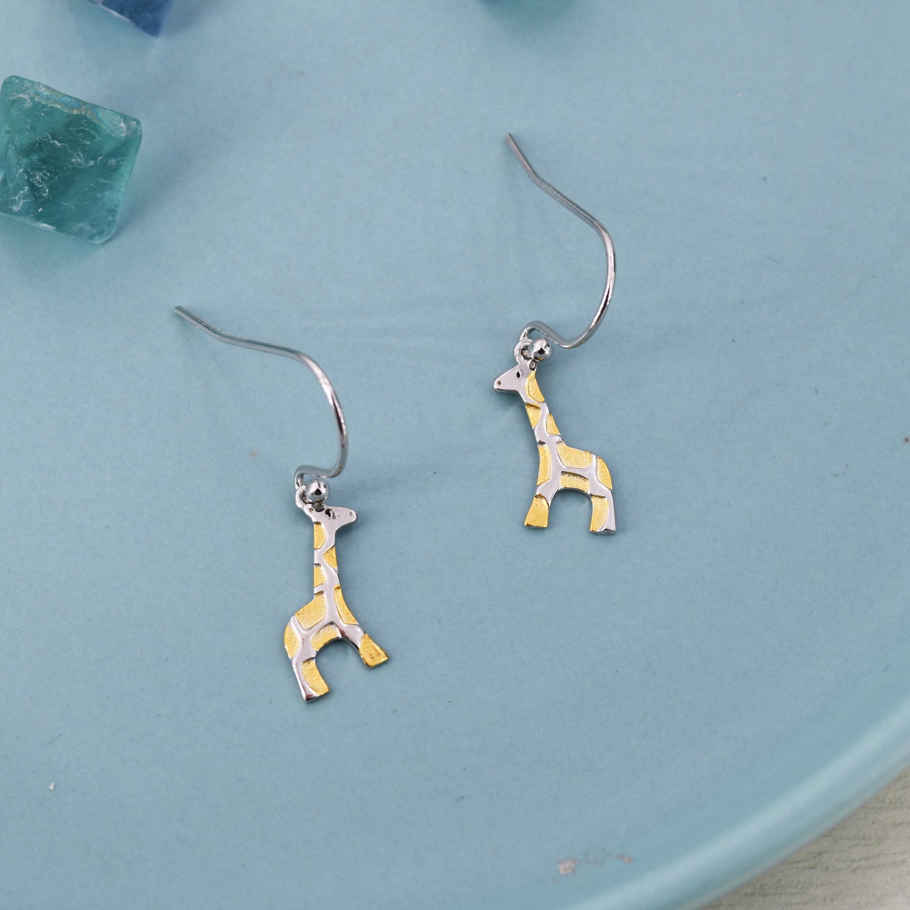 Giraffe Drop Hook Earrings in Sterling Silver, Two Tone Finish, Giraffe Dangle Earrings, Giraffe Drop Earrings