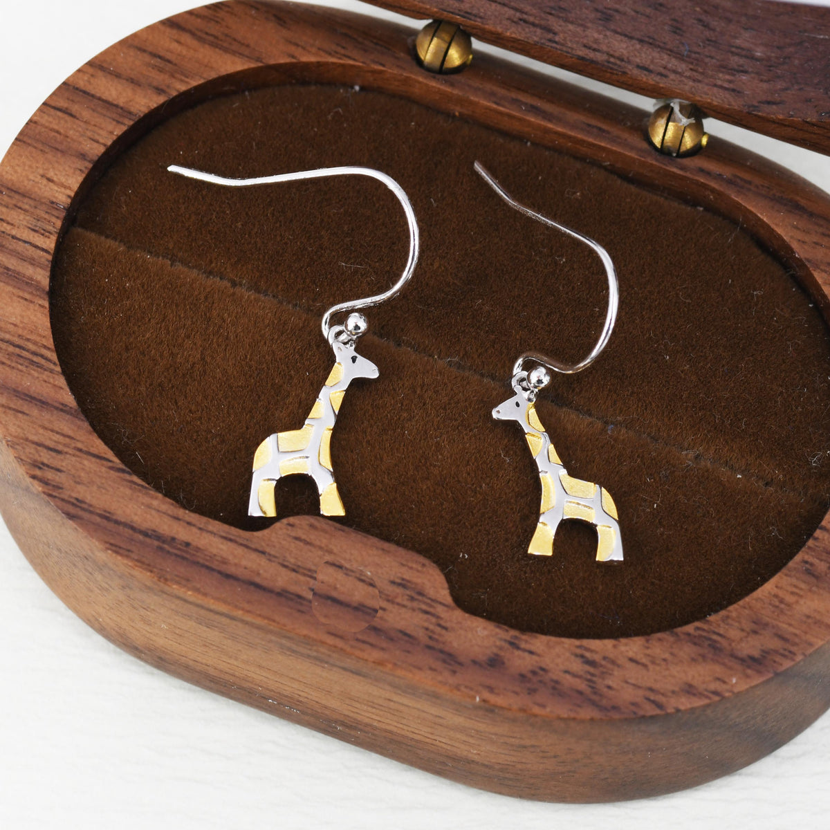 Giraffe Drop Hook Earrings in Sterling Silver, Two Tone Finish, Giraffe Dangle Earrings, Giraffe Drop Earrings