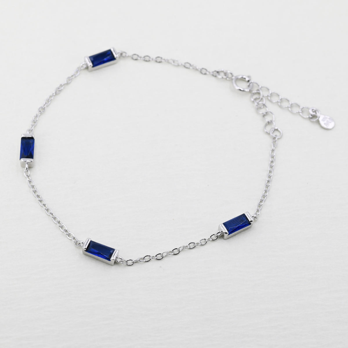 Sapphire Blue CZ Baguette Satellite Bracelet in Sterling Silver, Silver or Gold, Baguette CZ Bracelet, Chain Bracelet, Delicate CZ Bracelet