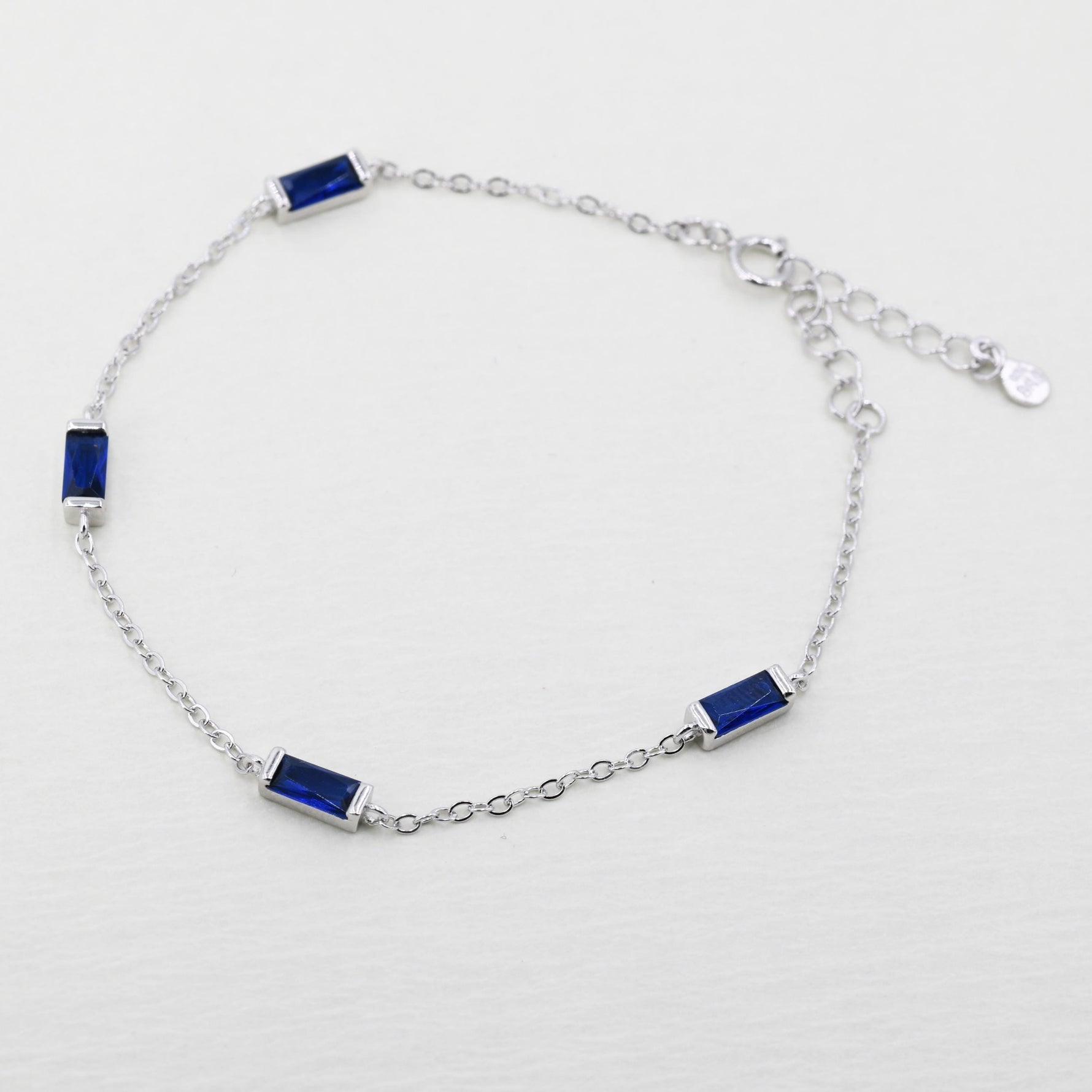 Sapphire Blue CZ Baguette Satellite Bracelet in Sterling Silver, Silver or Gold, Baguette CZ Bracelet, Chain Bracelet, Delicate CZ Bracelet