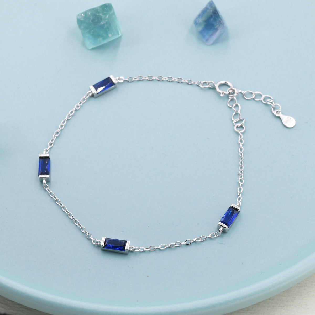 Sapphire Blue CZ Baguette Satellite Bracelet in Sterling Silver, Silver or Gold, Baguette CZ Bracelet, Chain Bracelet, Delicate CZ Bracelet