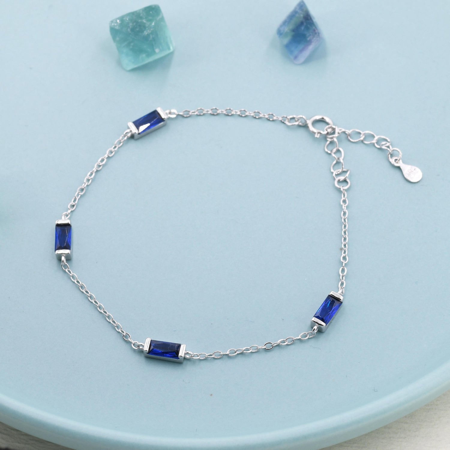 Sapphire Blue CZ Baguette Satellite Bracelet in Sterling Silver, Silver or Gold, Baguette CZ Bracelet, Chain Bracelet, Delicate CZ Bracelet