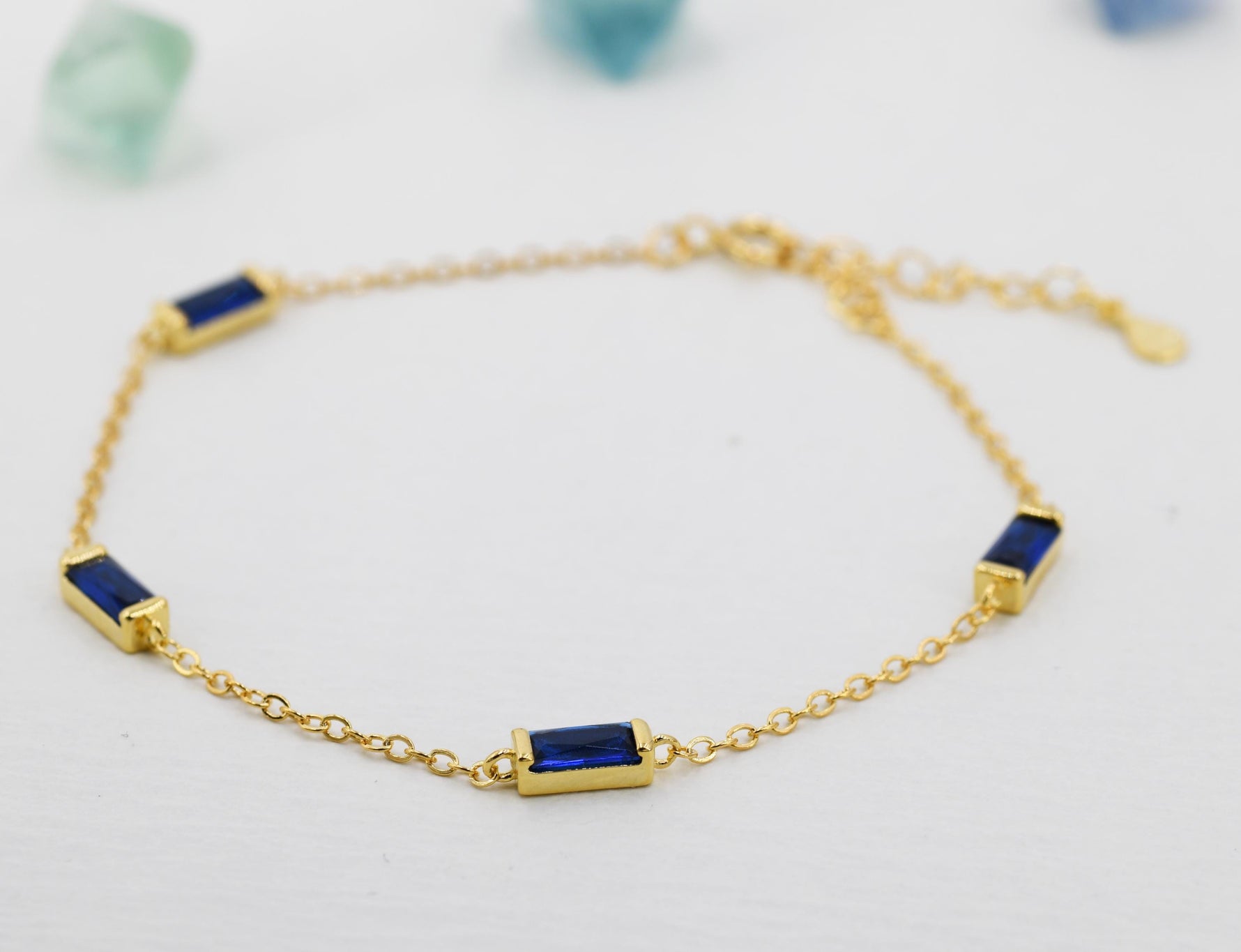 Sapphire Blue CZ Baguette Satellite Bracelet in Sterling Silver, Silver or Gold, Baguette CZ Bracelet, Chain Bracelet, Delicate CZ Bracelet