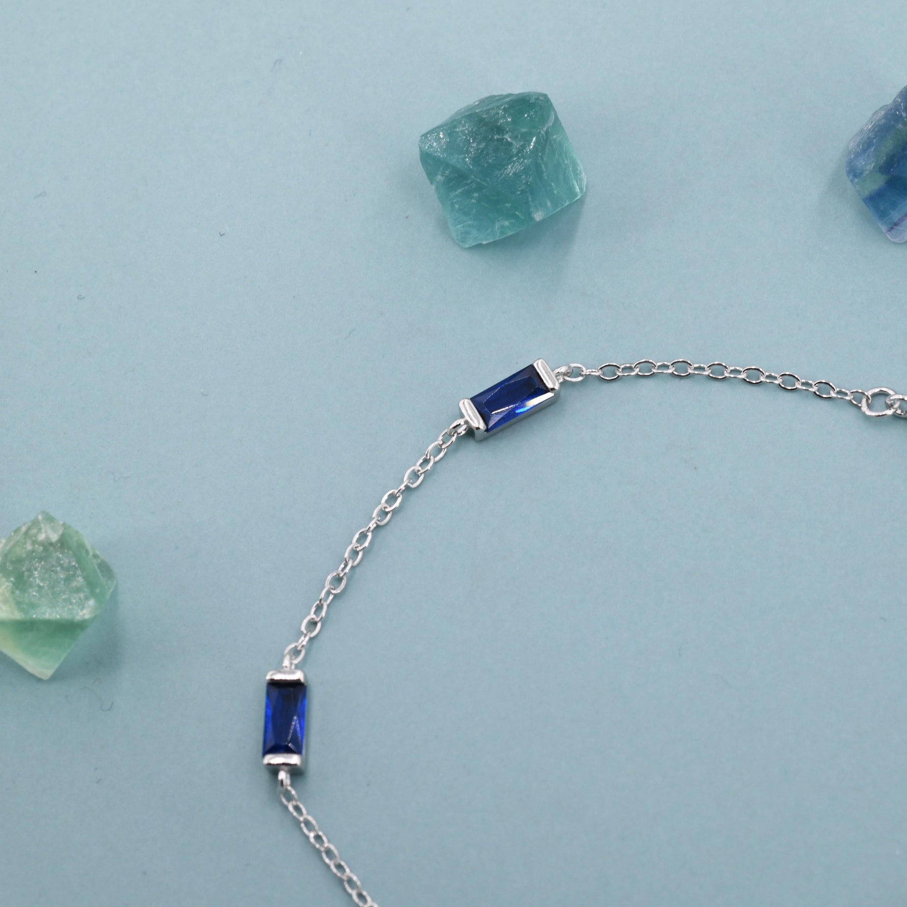 Sapphire Blue CZ Baguette Satellite Bracelet in Sterling Silver, Silver or Gold, Baguette CZ Bracelet, Chain Bracelet, Delicate CZ Bracelet