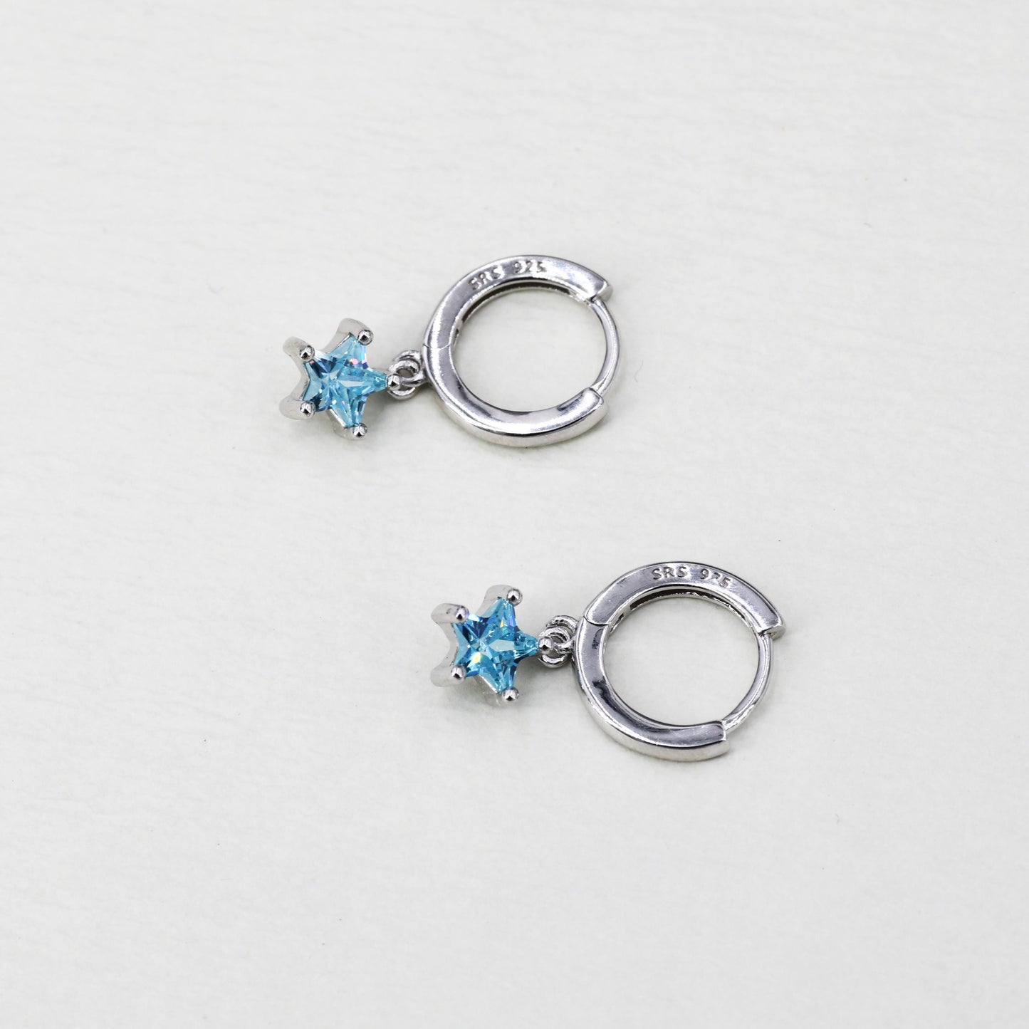 Aqua Blue CZ Star Huggie Hoop Earrings in Sterling Silver, Aquamarine Blue Star Hoops, North Star Dangle Earrings, Celestial Jewellery