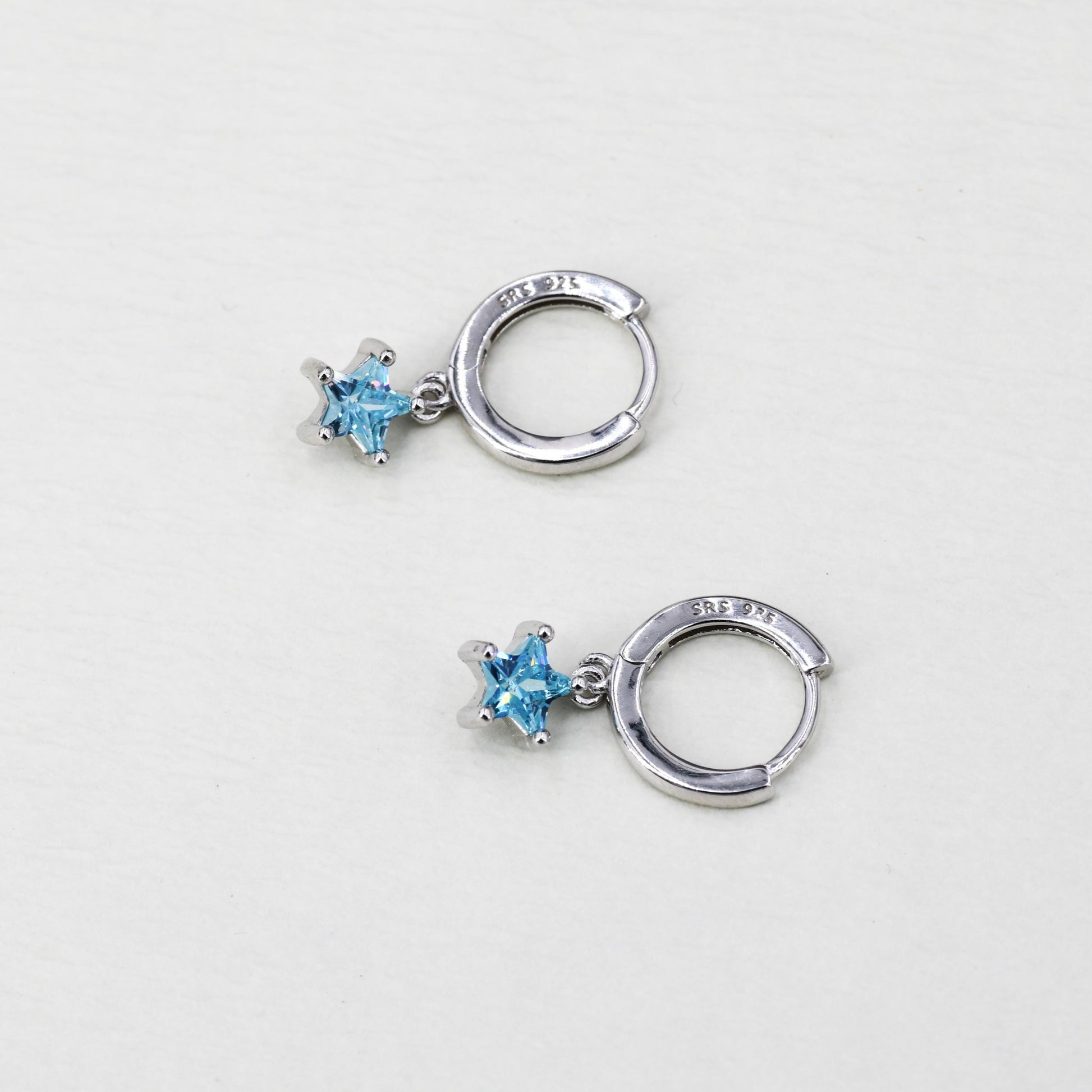 Aqua Blue CZ Star Huggie Hoop Earrings in Sterling Silver, Aquamarine Blue Star Hoops, North Star Dangle Earrings, Celestial Jewellery