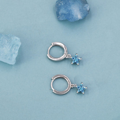 Aqua Blue CZ Star Huggie Hoop Earrings in Sterling Silver, Aquamarine Blue Star Hoops, North Star Dangle Earrings, Celestial Jewellery