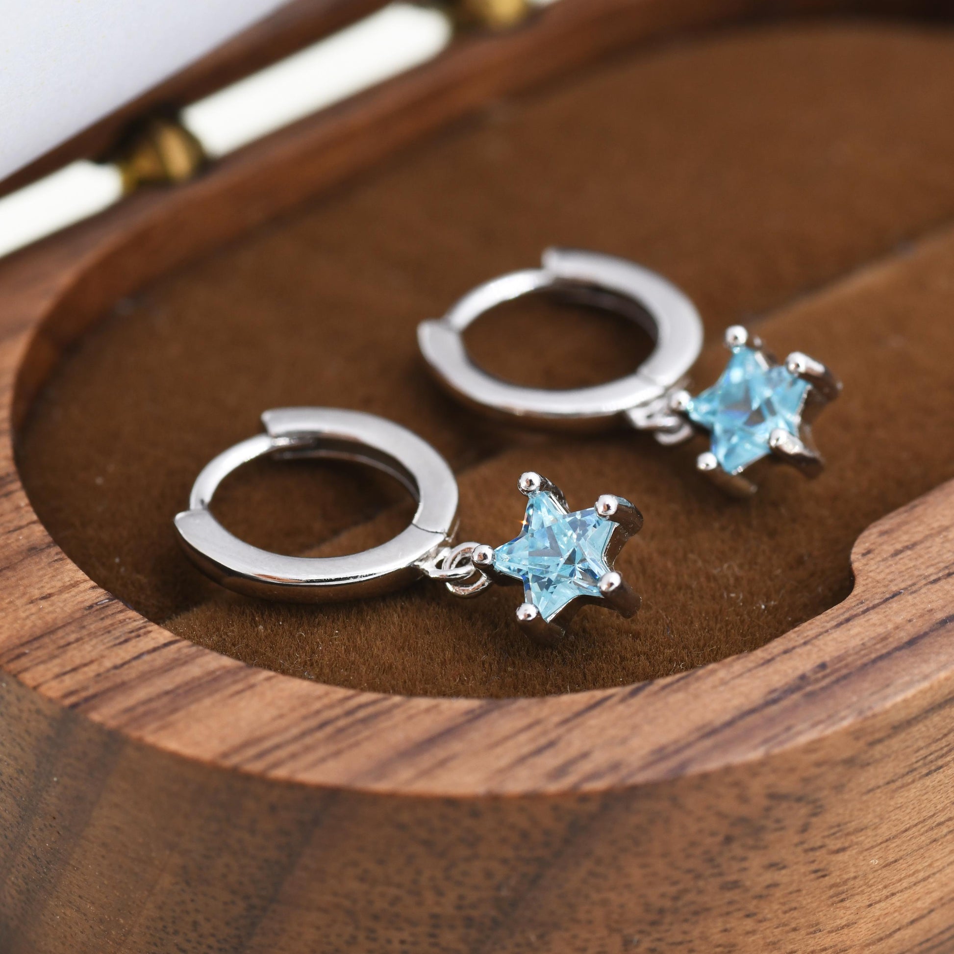 Aqua Blue CZ Star Huggie Hoop Earrings in Sterling Silver, Aquamarine Blue Star Hoops, North Star Dangle Earrings, Celestial Jewellery