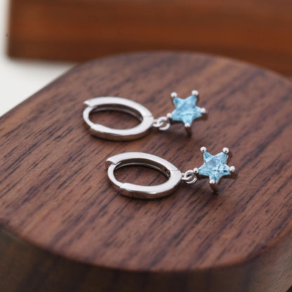 Aqua Blue CZ Star Huggie Hoop Earrings in Sterling Silver, Aquamarine Blue Star Hoops, North Star Dangle Earrings, Celestial Jewellery