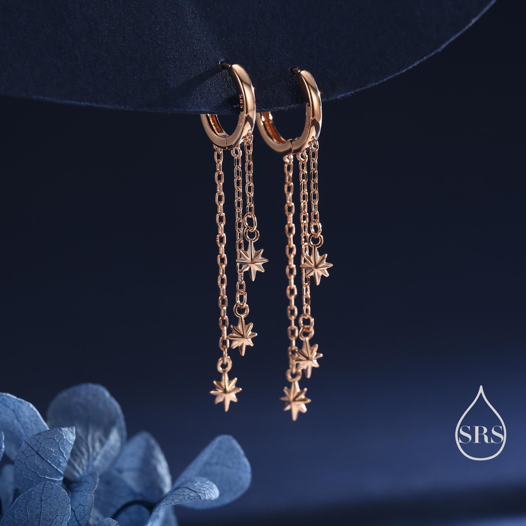 Delicate Starburst Cascade Dangle Huggie Hoop Earrings in Sterling Silver, Triple Star Drop Dangle Earrings in Silver or Gold or Rose Gold
