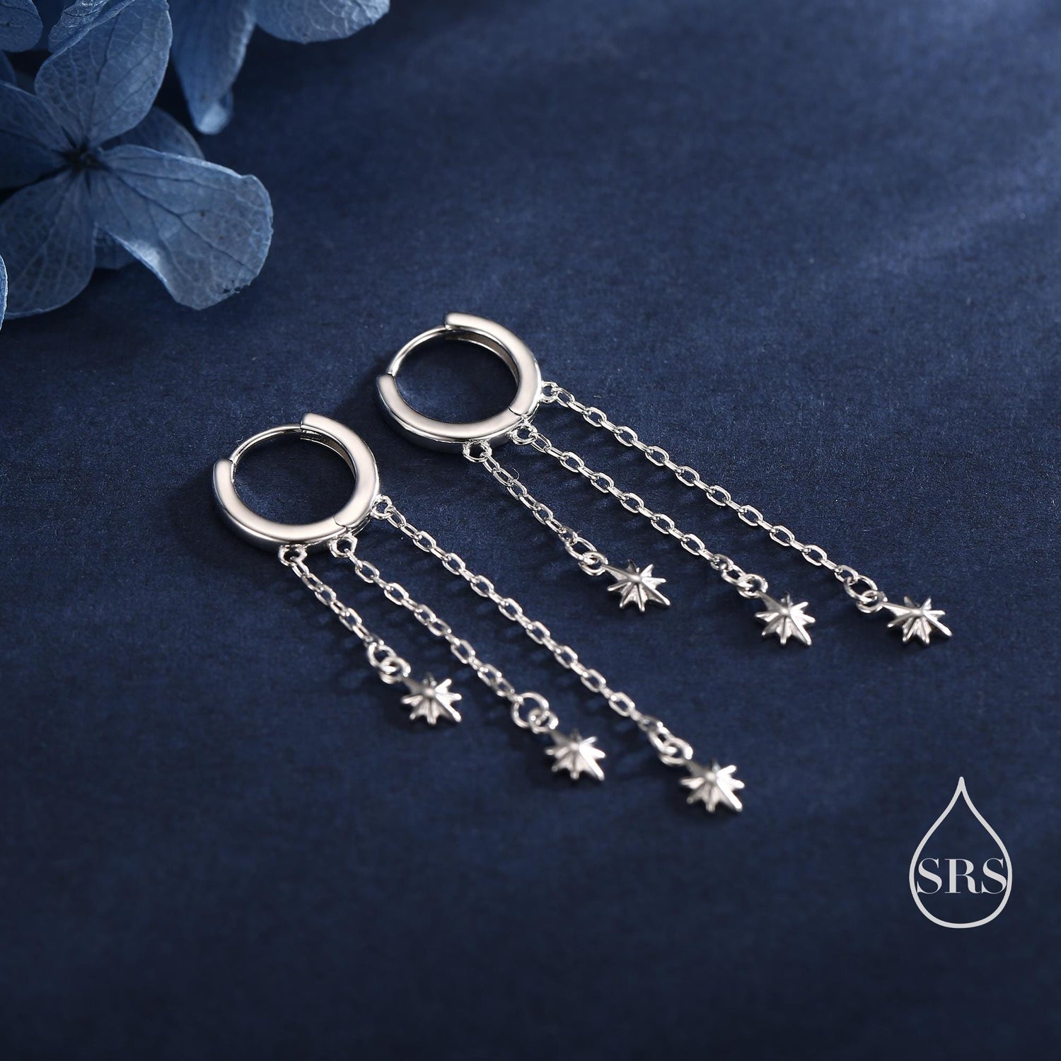 Delicate Starburst Cascade Dangle Huggie Hoop Earrings in Sterling Silver, Triple Star Drop Dangle Earrings in Silver or Gold or Rose Gold