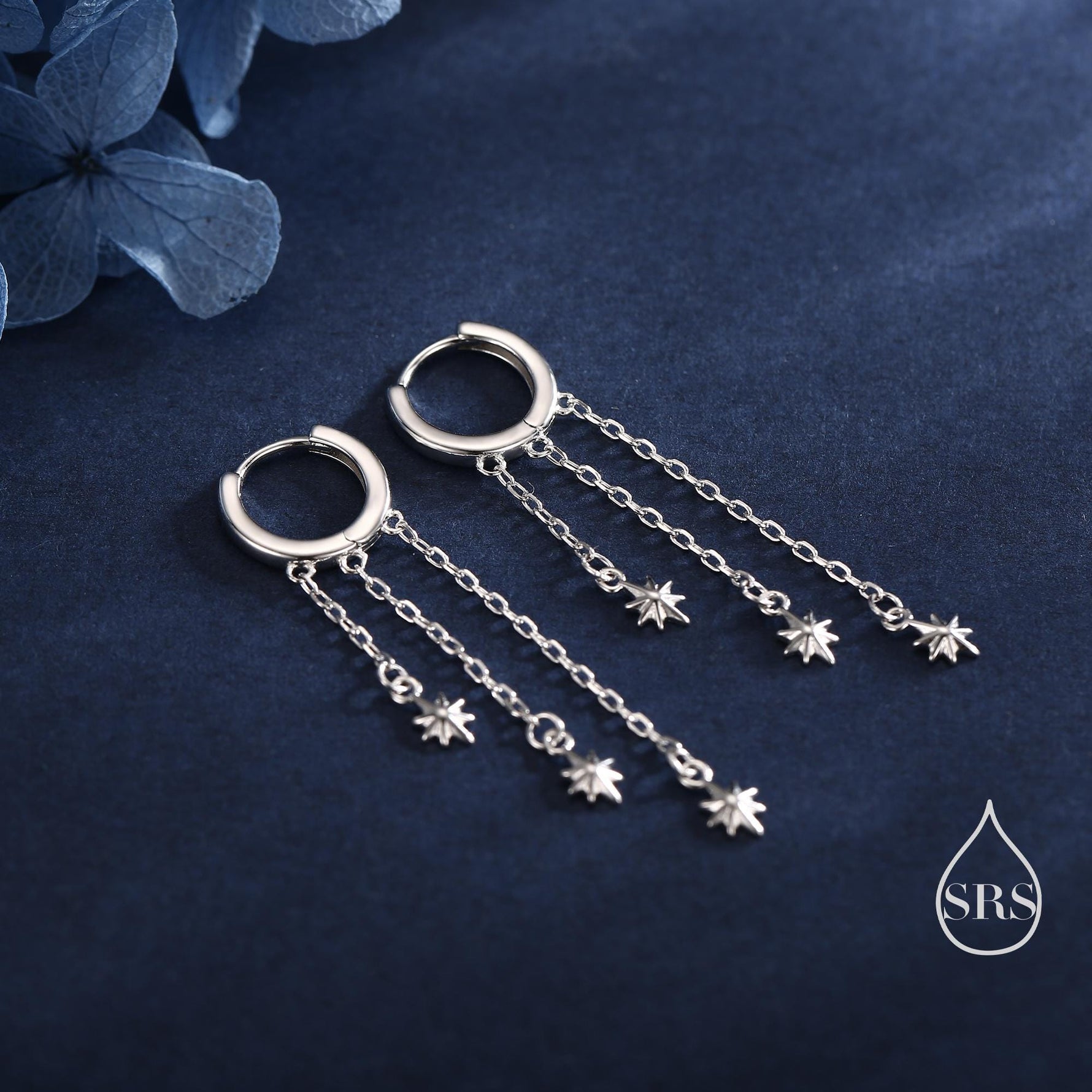 Delicate Starburst Cascade Dangle Huggie Hoop Earrings in Sterling Silver, Triple Star Drop Dangle Earrings in Silver or Gold or Rose Gold