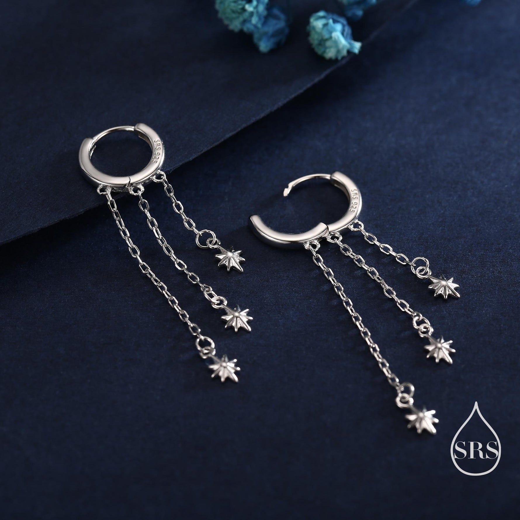 Delicate Starburst Cascade Dangle Huggie Hoop Earrings in Sterling Silver, Triple Star Drop Dangle Earrings in Silver or Gold or Rose Gold