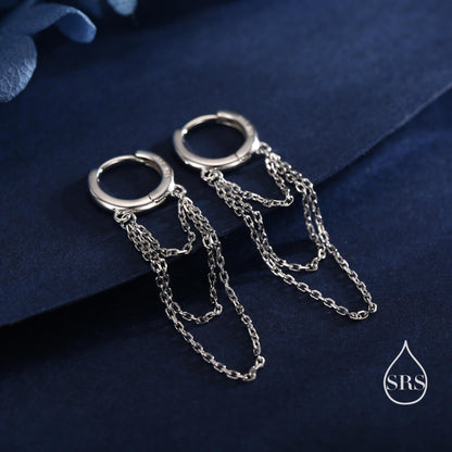 Triple Chained Hoop Earrings in Sterling Silver, Silver or Gold or Rose Gold, Huggie Hoops with Three Chains