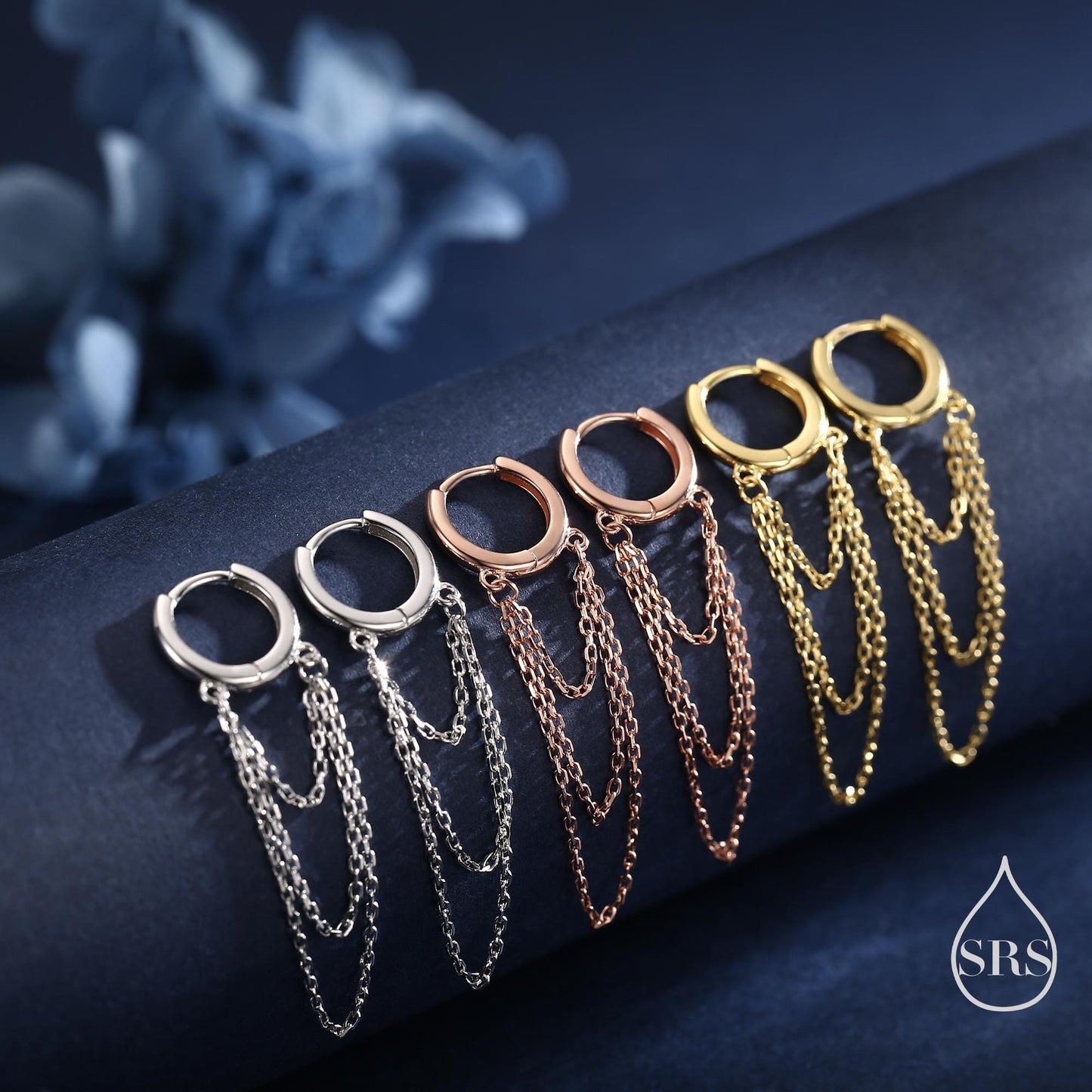 Triple Chained Hoop Earrings in Sterling Silver, Silver or Gold or Rose Gold, Huggie Hoops with Three Chains