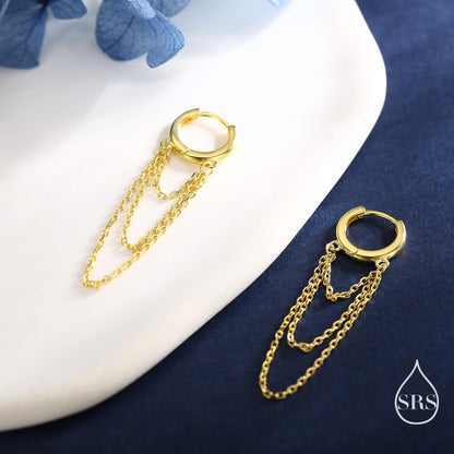 Triple Chained Hoop Earrings in Sterling Silver, Silver or Gold or Rose Gold, Huggie Hoops with Three Chains