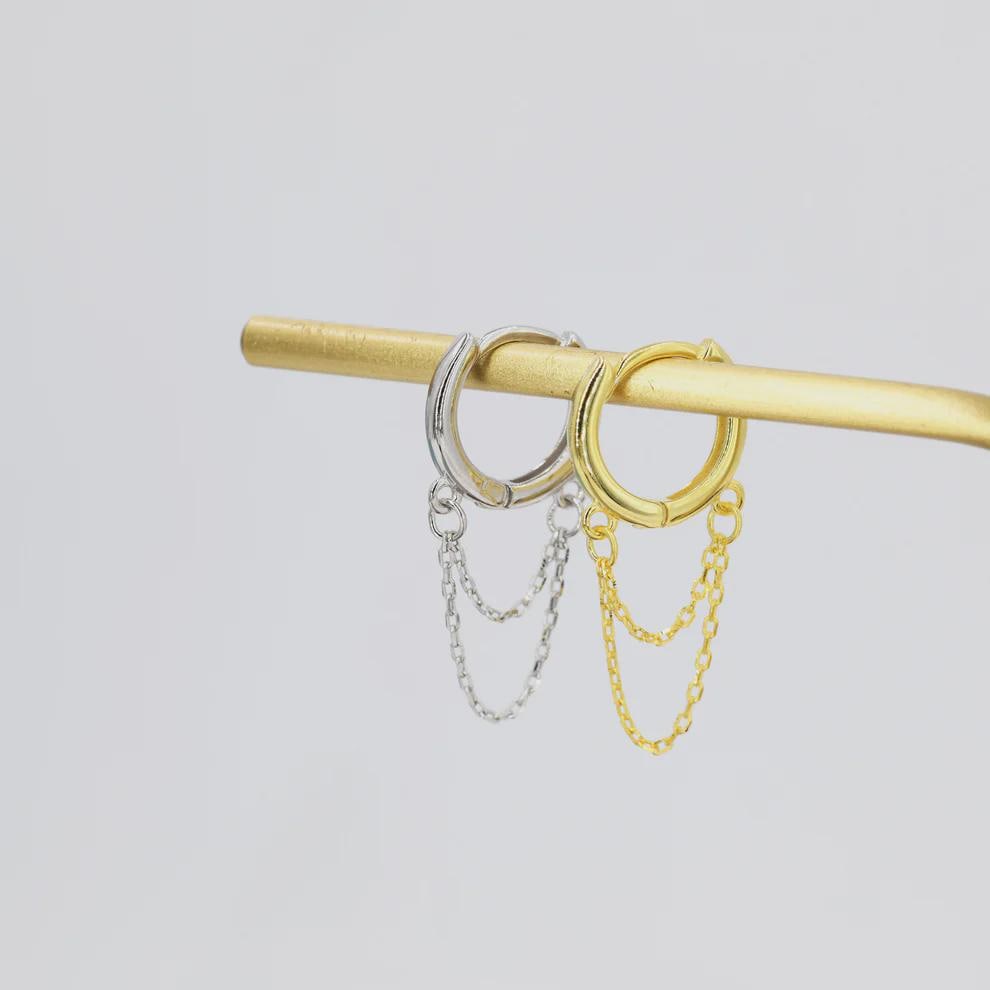 Double Chained Hoop Earrings in Sterling Silver – Silver, Gold or Rose Gold Huggie Hoops with Two Chains