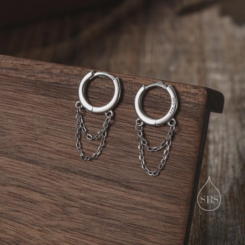 Double Chained Hoop Earrings in Sterling Silver – Silver, Gold or Rose Gold Huggie Hoops with Two Chains