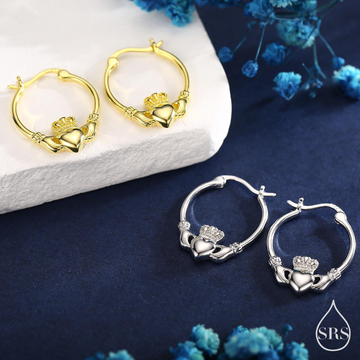 Sterling Silver Claddagh Hoop Earrings Earrings, Silver or Gold or Rose Gold, Dainty Irish Claddagh Hoop Earrings