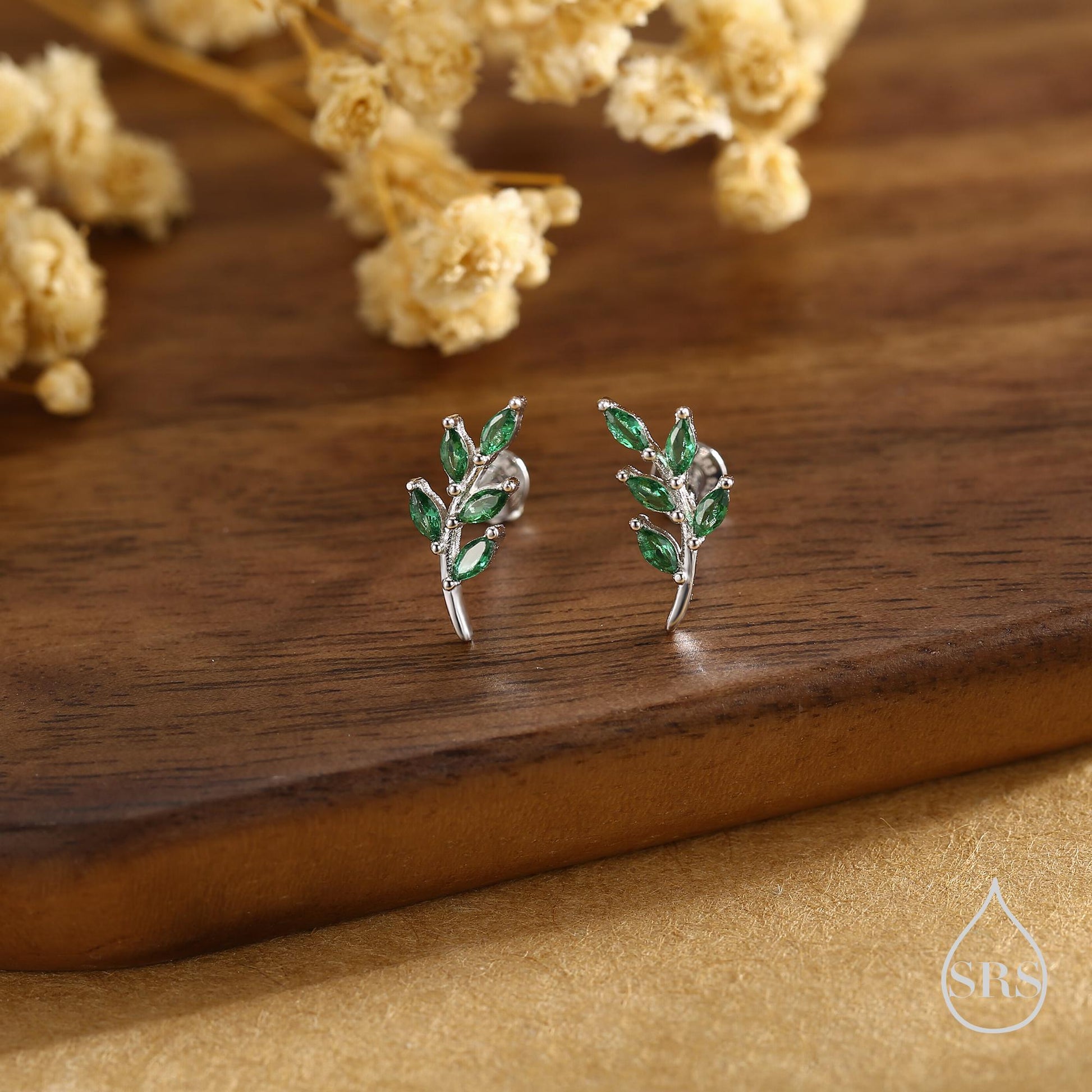 Emerald Green Leaf Internally Threaded Flat Back / Screw Back / Stud Earrings in Sterling Silver, Silver or Gold, Olive Leaf Branch Earrings