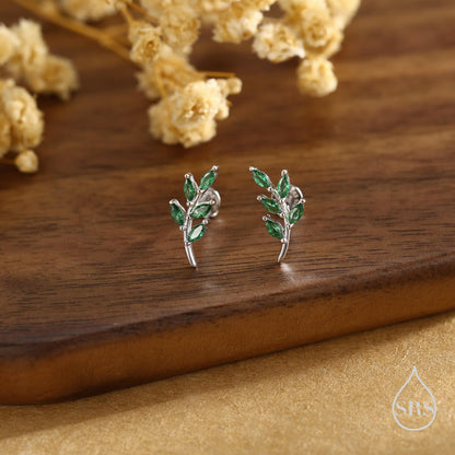 Emerald Green Leaf Internally Threaded Flat Back / Screw Back / Stud Earrings in Sterling Silver, Silver or Gold, Olive Leaf Branch Earrings