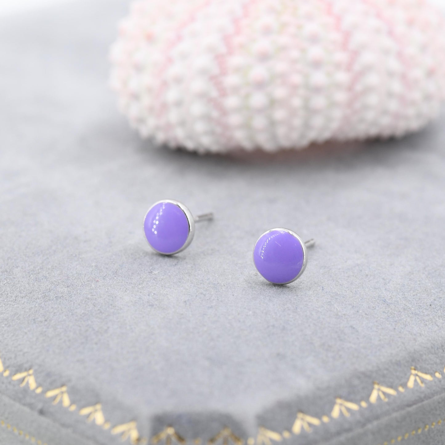 Enamel Purple Round Dot Stud Earrings in Sterling Silver with Hand Painted Enamel, Pastel Purple Stud,