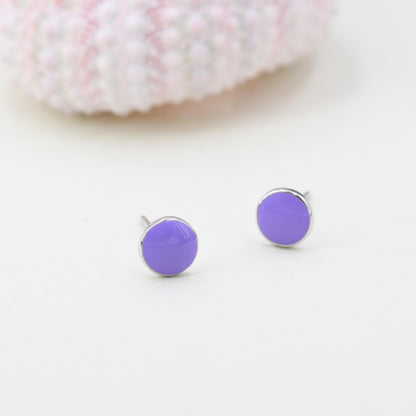 Enamel Purple Round Dot Stud Earrings in Sterling Silver with Hand Painted Enamel, Pastel Purple Stud,