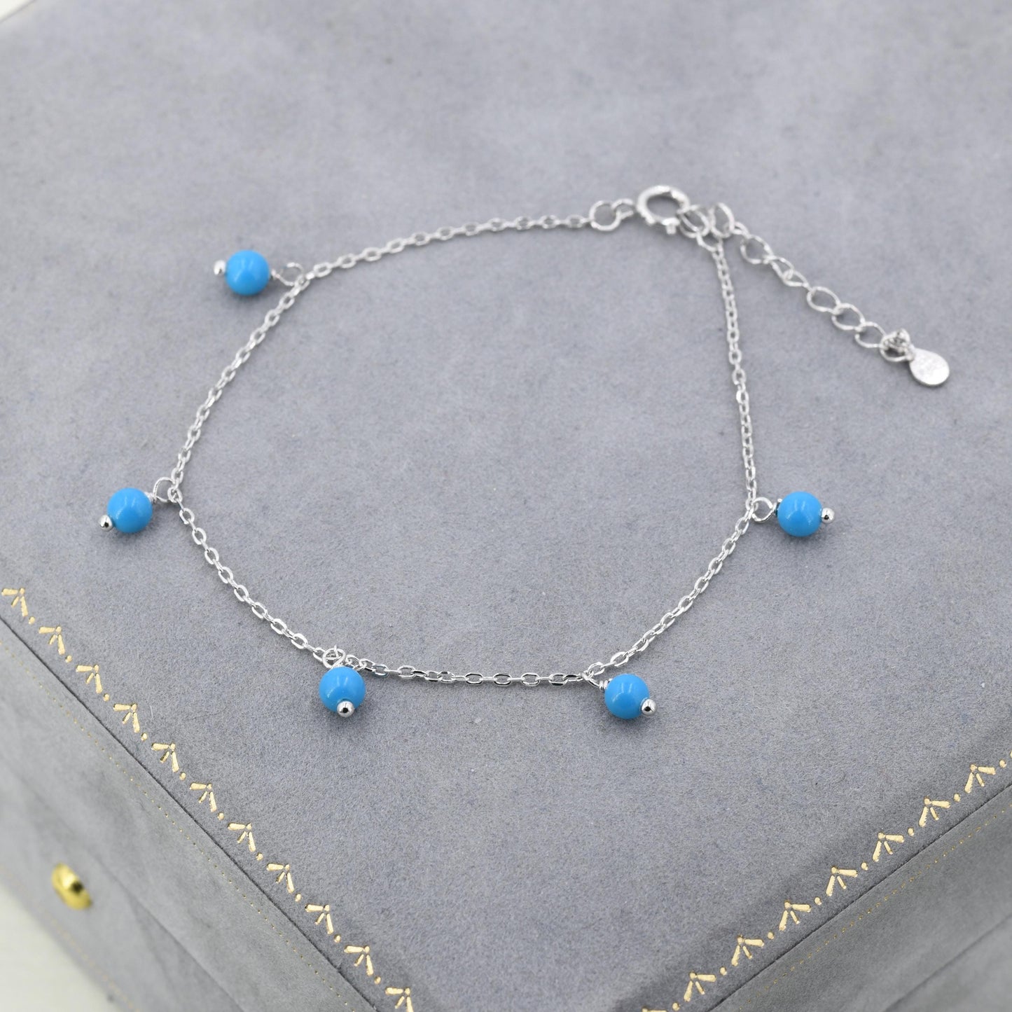 Blue Turquoise Bracelet in Sterling Silver, Blue Turquoise Beaded Bracelet, Colour Enhanced Natural Turquoise Bracelet