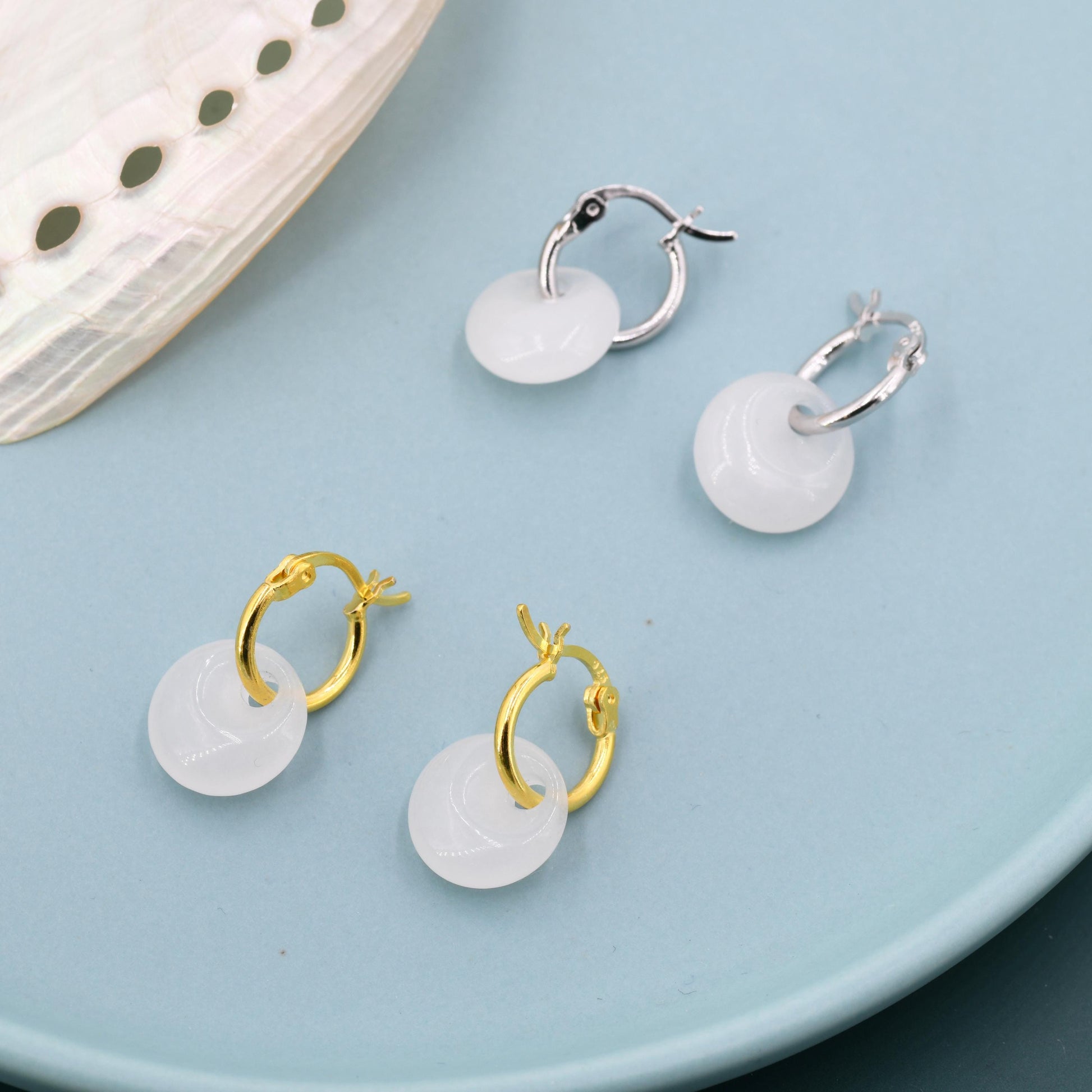 Genuine White Jade Donut Huggie Hoop Earrings in Sterling Silver, Detachable Natural White Jade Coin Charm Hoop Earrings, Silver or Gold