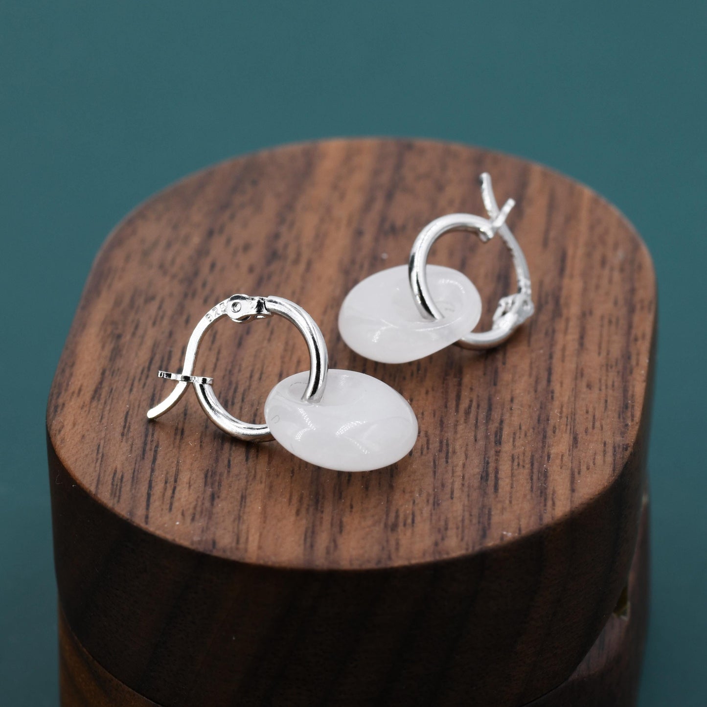 Genuine White Jade Donut Huggie Hoop Earrings in Sterling Silver, Detachable Natural White Jade Coin Charm Hoop Earrings, Silver or Gold