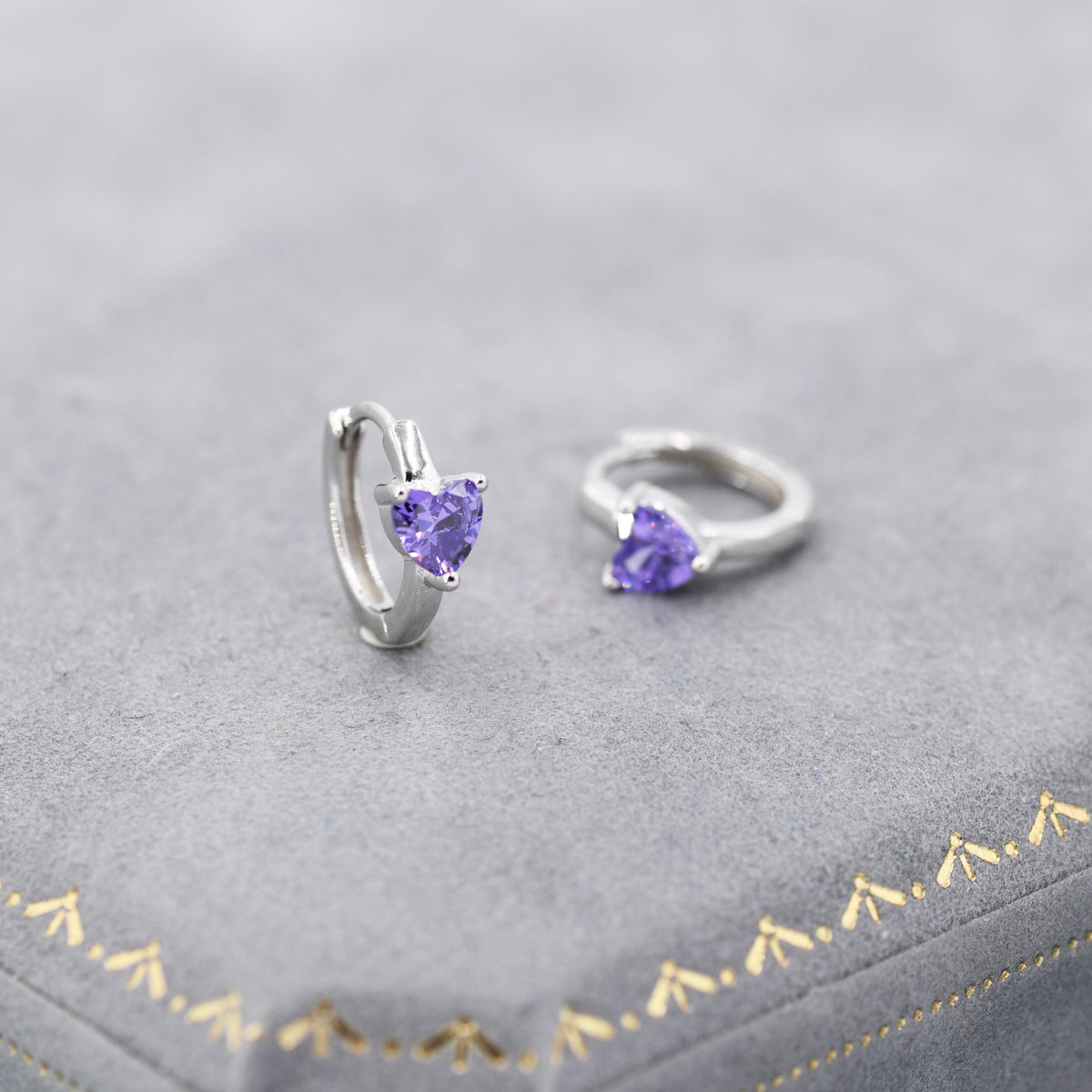 Amethyst Purple CZ Heart Huggie Hoop in Sterling Silver, Silver or Gold, 8mm Inner Diameter, Stacking Earrings