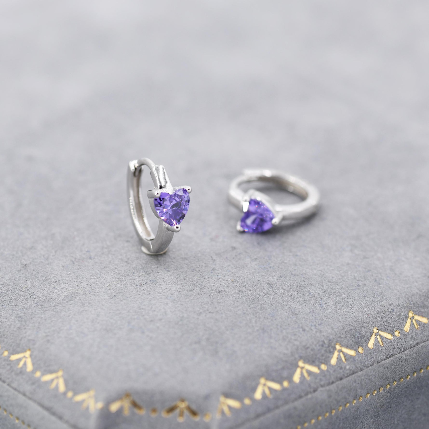 Amethyst Purple CZ Heart Huggie Hoop in Sterling Silver, Silver or Gold, 8mm Inner Diameter, Stacking Earrings