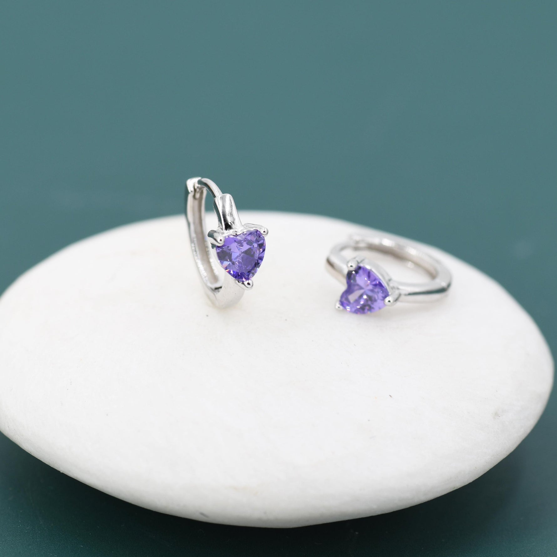 Amethyst Purple CZ Heart Huggie Hoop in Sterling Silver, Silver or Gold, 8mm Inner Diameter, Stacking Earrings