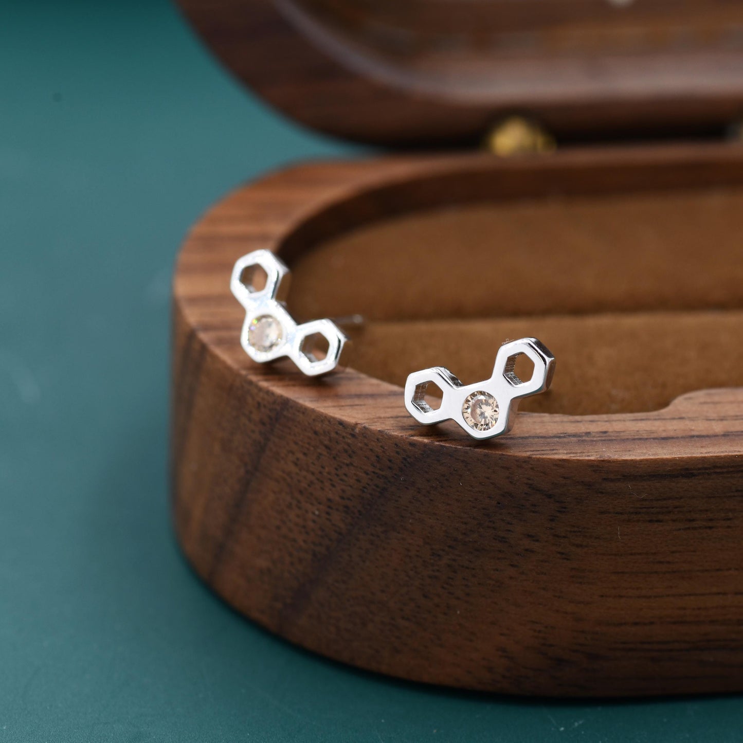 Tiny Honeycomb Stud Earrings in Sterling Silver, Silver or Gold, Nature Inspired