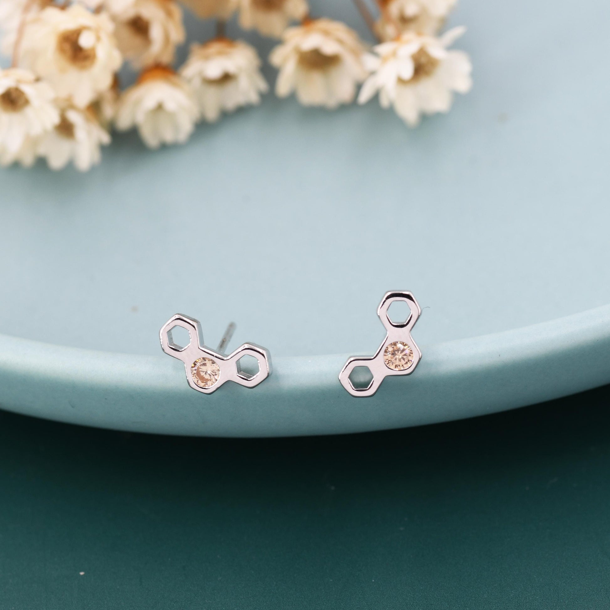 Tiny Honeycomb Stud Earrings in Sterling Silver, Silver or Gold, Nature Inspired