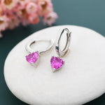 Ruby Pink Heart CZ Huggie Hoop in Sterling Silver, 8mm Inner Diameter, Stacking Earrings, July Birthstone
