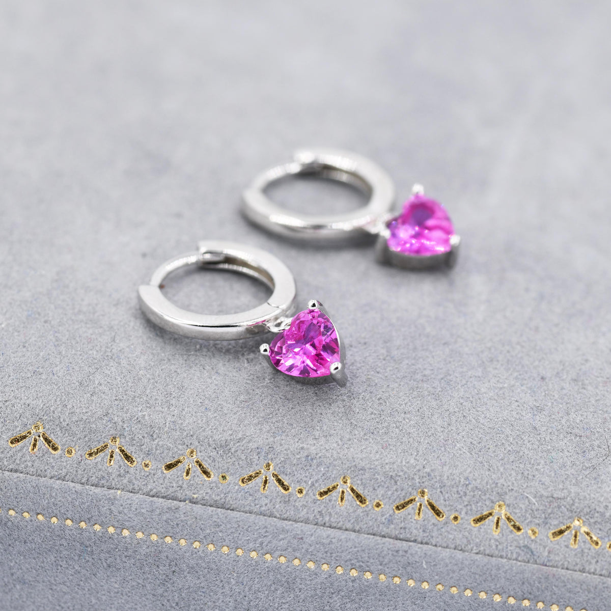 Ruby Pink Heart CZ Huggie Hoop in Sterling Silver, 8mm Inner Diameter, Stacking Earrings, July Birthstone