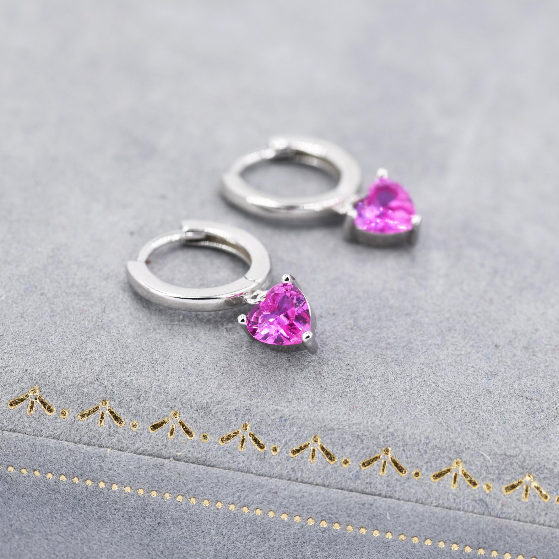 Ruby Pink Heart CZ Huggie Hoop in Sterling Silver, 8mm Inner Diameter, Stacking Earrings, July Birthstone