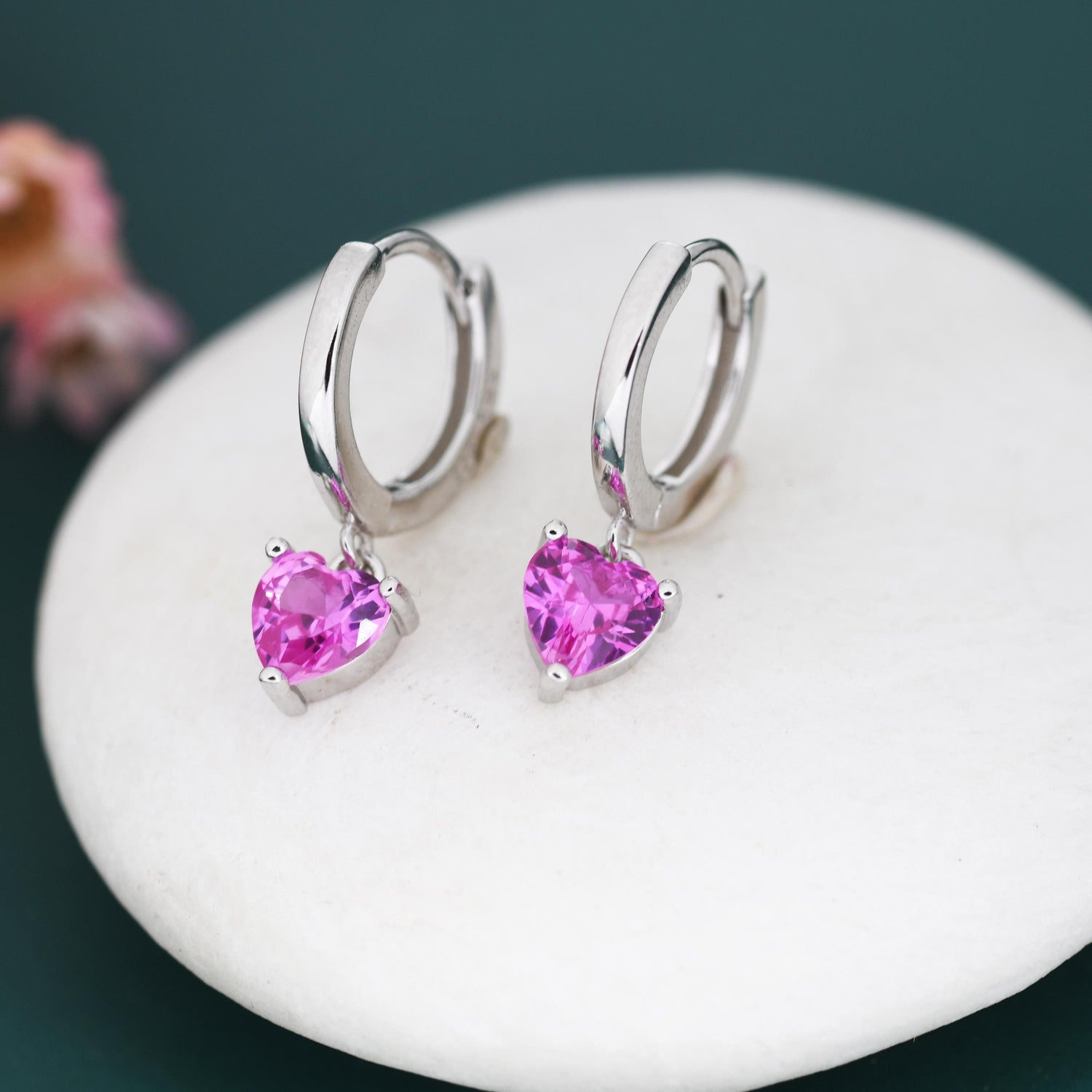 Ruby Pink Heart CZ Huggie Hoop in Sterling Silver, 8mm Inner Diameter, Stacking Earrings, July Birthstone