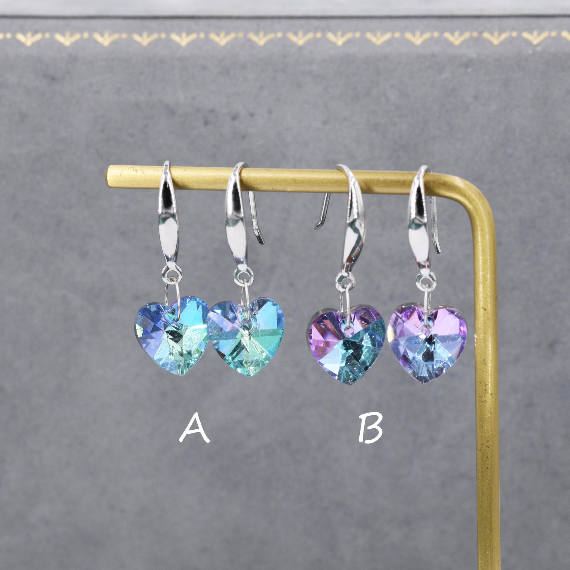 Alexandrite CZ Heart Drop Dangle Earrings in Sterling Silver, Silver or Rose Gold, Blue Crystal Heart Earrings