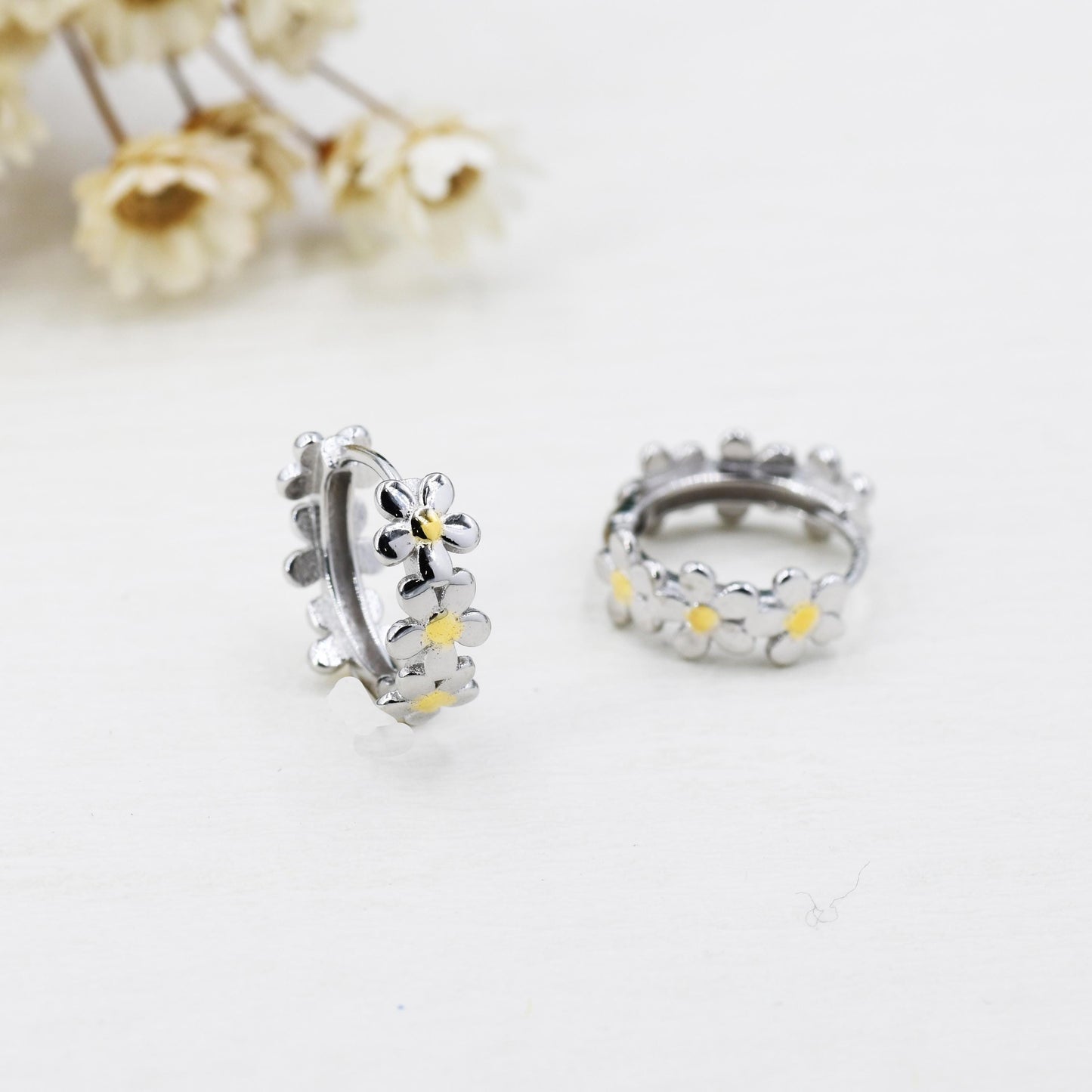 Daisy Chain Huggie Hoop in Sterling Silver, Partial Gold, Flower hoop Earrings, Forget Me Not Floral Earrings, 10mm Inner Diameter