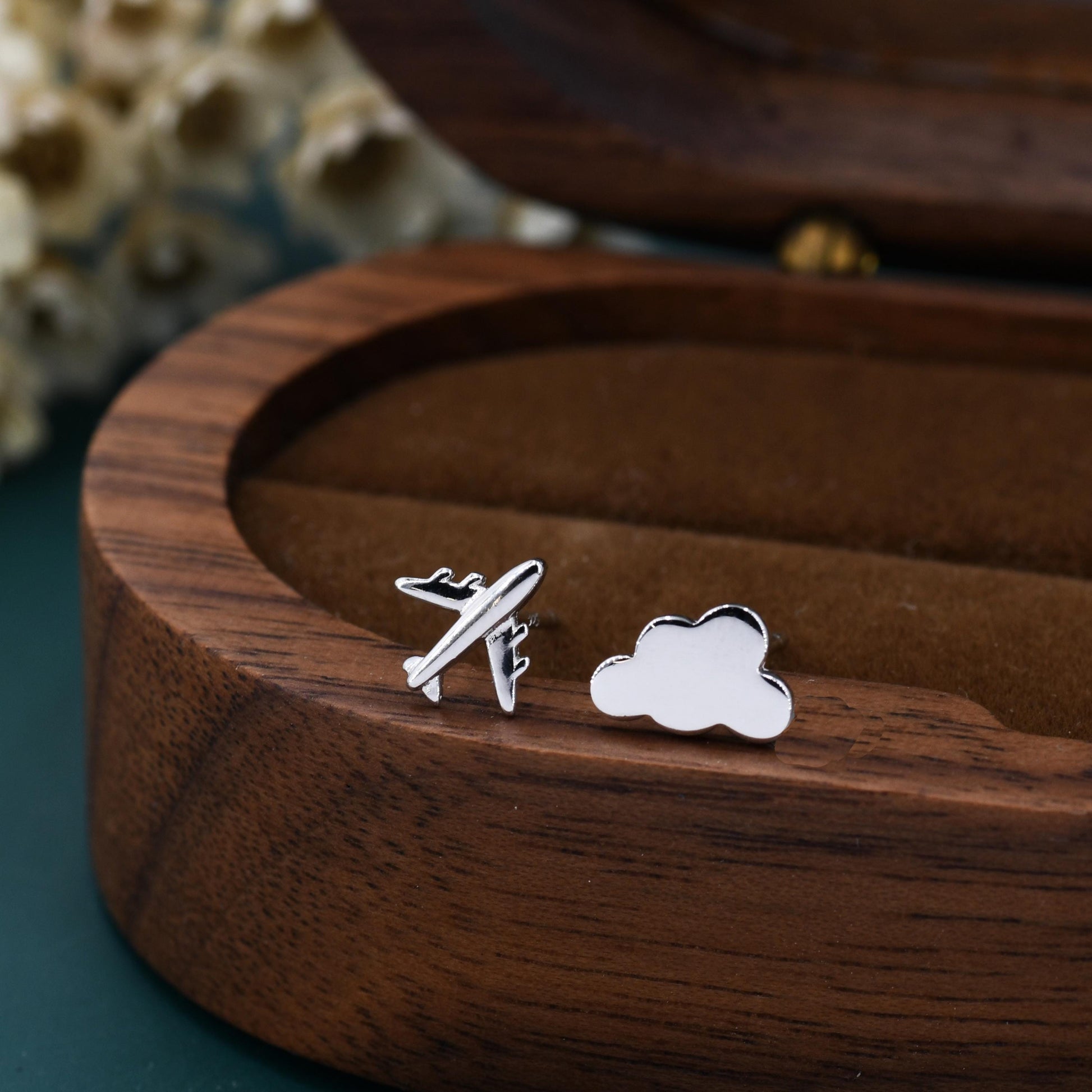Sterling Silver Mismatched Plane and Cloud Stud Earrings, Silver or Gold, Asymmetric Cloud and Airplane Earrings