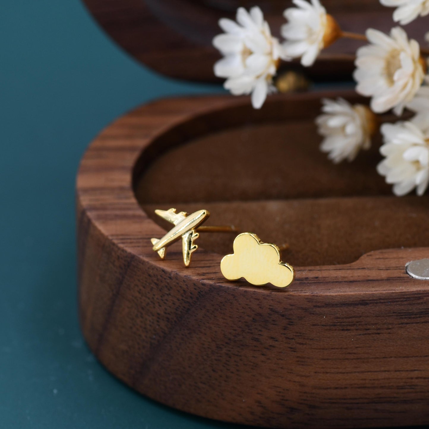 Sterling Silver Mismatched Plane and Cloud Stud Earrings, Silver or Gold, Asymmetric Cloud and Airplane Earrings