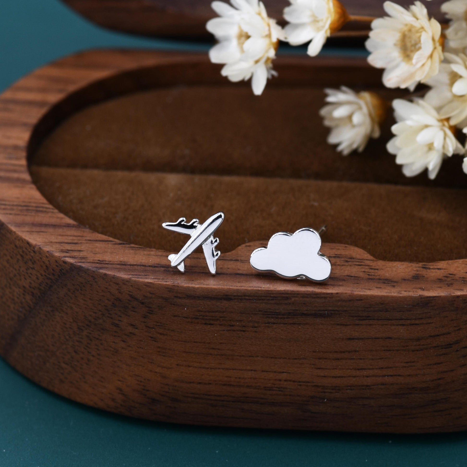 Sterling Silver Mismatched Plane and Cloud Stud Earrings, Silver or Gold, Asymmetric Cloud and Airplane Earrings