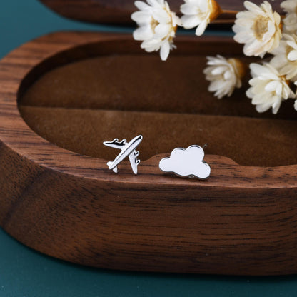 Sterling Silver Mismatched Plane and Cloud Stud Earrings, Silver or Gold, Asymmetric Cloud and Airplane Earrings